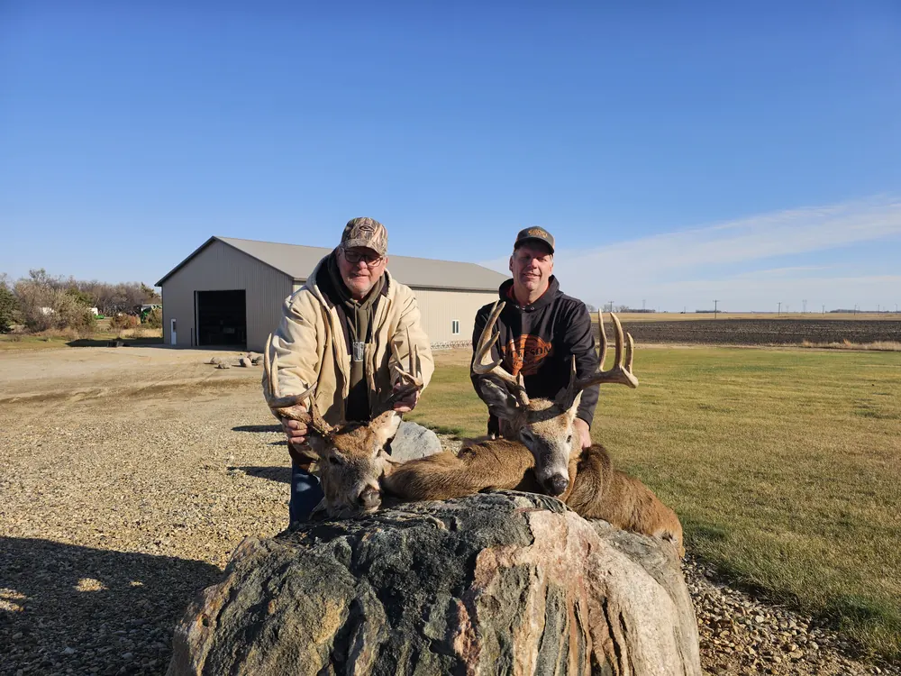 Two hunters with two whitetail bucks on a rock outside the farm shop